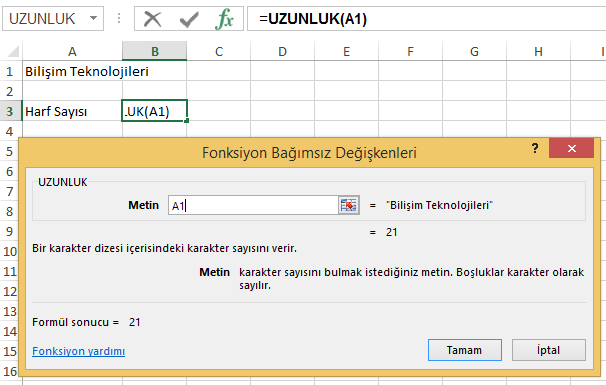 Birleştir Birkaç metin dizesini tek bir metin dizesinde birleştirir. Kullanımı : =BİRLEŞTİR (metin1 ; metin2 ) Örnek : =BİRLEŞTİR (A1 ; A2) A1 ve A2 hücrelerindeki metinleri birleştirir.