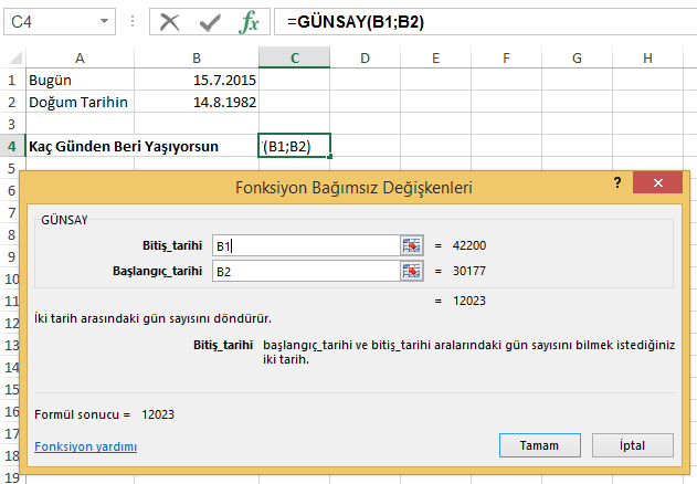 Günsay Resim 2.26: Gün fonksiyonu İki tarih arasındaki gün sayısını verir. Kullanımı Örnek : =GÜNSAY(bitiş_tarihi ; başlangıç_tarihi) : =GÜNSAY(B1;B2) 2.2.5. Mantıksal Fonksiyonlar Resim 2.