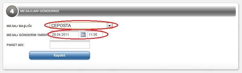 Mesaj başlığınızı seçiniz. MesajGönderim tarihini ve saatini belirleyiniz. Paket adınızı yazınız. Son olarak Kaydet butonuna basmanız yeterlidir.