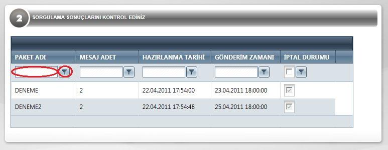 2.Kısımda bulunan sonuçları görebilirsiniz. Sonuçlar arasında arama yapmak için tablonun filtreleme özeliiğini kullanabilirsiniz.