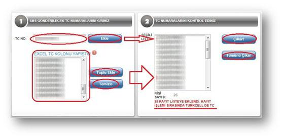 5.f TC KİMLİK NO SMS 5.f.1 HIZLI TC SMS Hızlı TC sms sayfasına giriniz. 1. Kısımda tek bir TC no ya gönderim yapıcaksanız kutucuğa TC numarasını yazıp Ekle butonuna basınız.