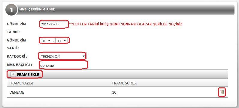 5.j.3 PROFİL MMS MESAJ Profil mms mesajı sayfasına giriniz. Gönderim tarihini ve saatini seçiniz. Kategori seçimi yapınız. MMS başlığını giriniz.