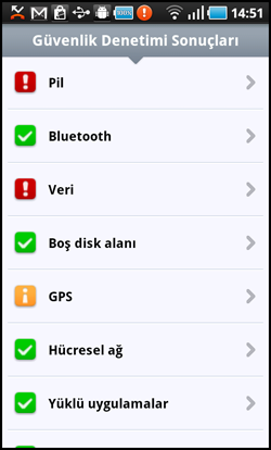 7. Güvenlik Denetimi Güvenlik denetimi telefonun pil düzeyi, Bluetooth durumu, boş disk alanı vb. özelliklerini denetler.