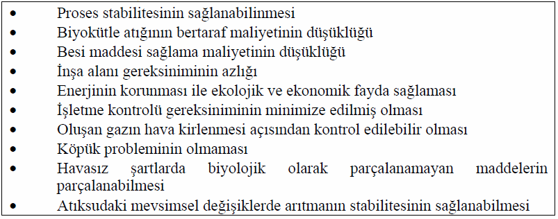 arıtılmasında aerobik proseslerin uygulanmasının pahalı oluşu anaerobik proseslerin gelişmesine neden olmuştur. Anaerobik arıtma teknolojisinin faydaları ana başlıklarla Tablo 1 de verilmektedir.