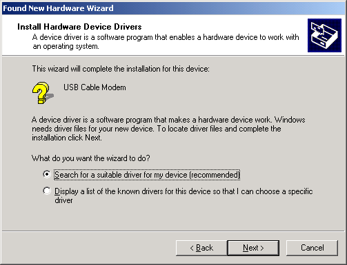 Windows 2000 USB kablo modem Bilgisayara modem üzerinde RF kablo ve güç kablosu bağlı iken bağlanır.