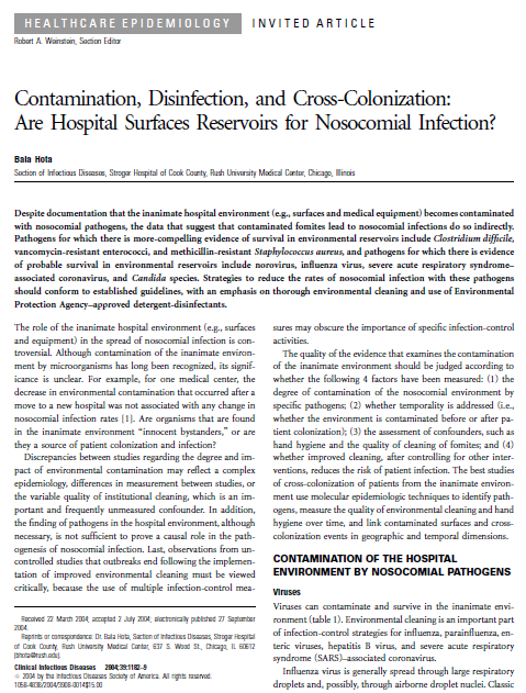 (2004) Kontaminasyon, Dezenfeksiyon ve Çapraz-Kolonizasyon: Hastane Yüzeyleri Hastane