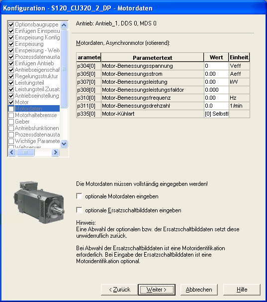 İşletmeye alış 7.9 Dönüştürücüde motor parametrelerinin ayarlanması 5. "Motor verileri" tablosundaki "Değer" sütununa ilgili motor verilerini girin. Parametre p304.