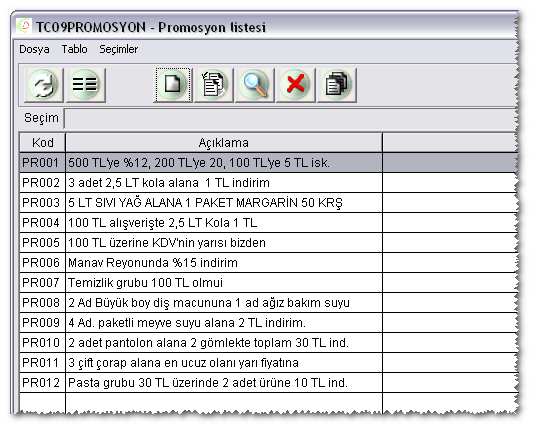 Promosyon tanımları ekranı aşağıdaki gibidir. Bu ekranda yeni promosyon tanımlama butonuna basıldığında aşağıdaki gibi bir ekran çıkar.