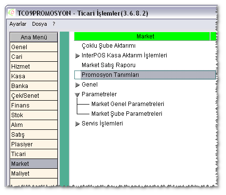 Mevcut sürümlerde Bilgi_Aktar/Market Đşlemleri adımı altından erişilen Promosyon Tanımları ve Promosyon Bilgilerinin Aktarılması komutlarına PARALOG Ticari