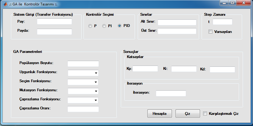31 Şekil 5. Geliştirilen arayüz Kontrolör tasarımı gerçekleştirilirken öncelikle sisteme ait transfer fonksiyonu pay ve payda şeklinde polinom yapıda arayüzde ilgili yerlere girilir.