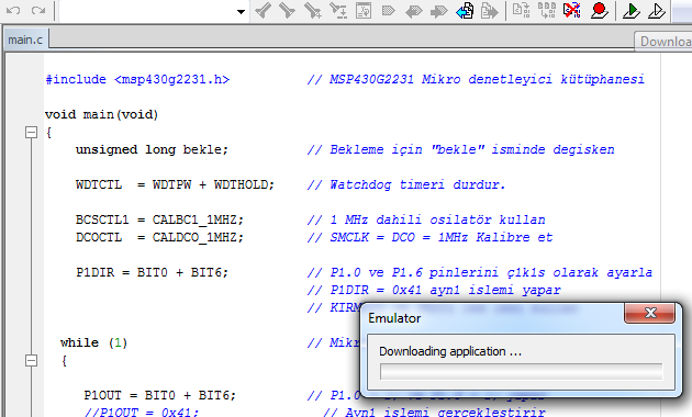 C programalama kodlarının yazımı tamamlanınca Download and Debug butonu ile, projeniz otomatik olarak derlenir ve MSP430 Launch Pad in içerisine download işlemi aynı anda gerçekleştirilir. Resim 1.