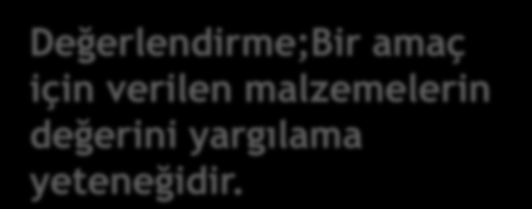 6. Değerlendirme 5.Sentez Yapma 4.Analiz Yapma Değerlendirme;Bir amaç için verilen malzemelerin değerini yargılama yeteneğidir. 3.Uygulama 2.Kavrama 1.