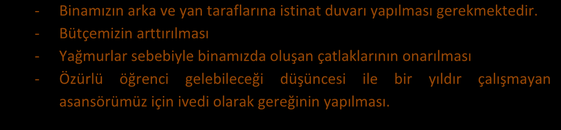 C. Fırsatlar - Konum itibariyle Yüksekokulumuzun çevresinin peyzaj çalışmalarına uygun olması - Mevcut Bilgisayar Laboratuvarı ve dil laboratuvarı ile kaliteli bir yabancı dil eğitimi sunulabilmesi D.