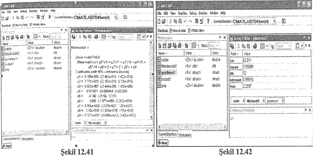 Kullanıcı şekil 12.34'de görülen eğri türlerini ileride kullanılmak üzere saklamak isteyebilir. Bunun için önce (Curve Fitting Tool) şekil 12.37'de File menüsü içinde yer alan Save Session.