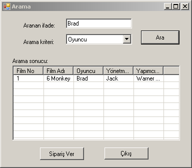 Button 2 Name CmdSiparisVer Button 2 Text Sipariş Ver Button 3 Name CmdCikis Button 3 Text Çıkış Alternatif olarak, müşteriler Ara butonunu Filmler veritabanına göz atmak için de kullanılabilir.