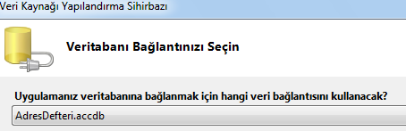 Açılan pencerede, varsayılan veri kaynağı Microsoft Access Veritabanı Dosyası içindir. DeğiĢtir düğmesine tıklanarak aģağıda da görülen farklı veritabanlarına bağlantı seçeneği seçilebilir. 4.