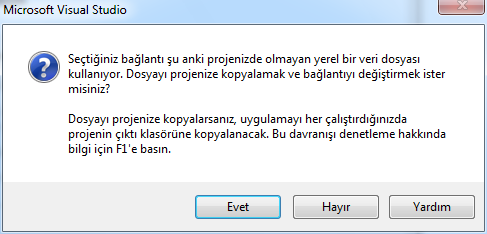 Pencereyi evet butonuna tıklayarak devam ederiz. Bu pencereyi de değiģiklik yapmadan ilerlediğimizde, veritabanındaki tablolardan seçim yapacağımız pencere ekrana gelir.