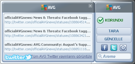Twitter bağlantısı - Twitter'da gönderilen en son AVG yayınlarının genel görünümünü sunan yeni bir AVG gadget'ı arayüzü açar.