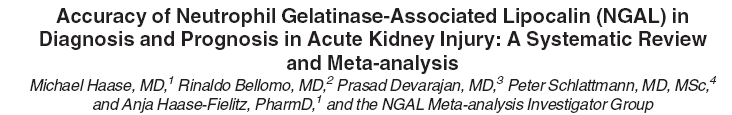 Nötrofil jelatinaz ilişkili lipokalin (NGAL) 2538 hasta, 19 çalışma (487 hastada ABH) ABH AUC-ROC = 0.83 Çocuklarda daha iyi (AUC-ROC = 0.93 vs 0.78) Kontrast madde nefrotoksisitesi (AUC-ROC = 0.