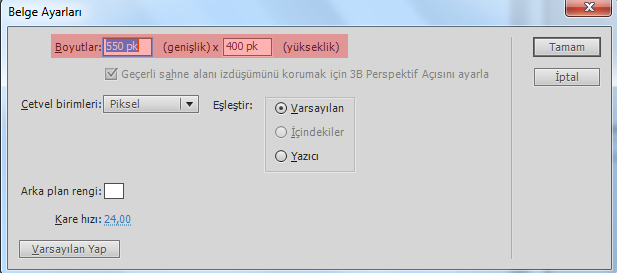 DeğiĢtir > Belge (Ctrl + J) komutunu tıklayın. Ekrana Belge Özellikleri iletiģim penceresi açılacaktır. Boyutlar değer kutularına GeniĢlik ve Yükseklik değerleri yazın.