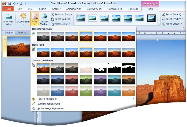 Şekil 26 Resim Araçları Sekmesi-Ayarla Grubu Renk düğmesi, içerisinde birçok alternatif içeren kategorilere ayrılmış bir ayar listesi barındırmaktadır.