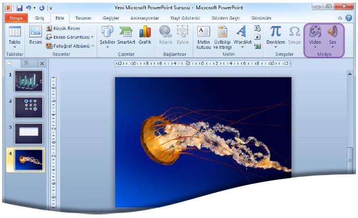Ses ve video dosyaları sunulara, arka plan fon müziği, geçiş efekt sesi veya sunu içeriği olarak eklenebilir.