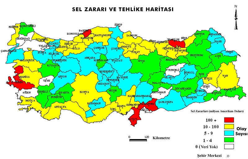 ġekil 2. Afet İşleri Genel Müdürlüğü ne göre ülkemizde yaşanan sel zararlarının illere göre dağılımı.