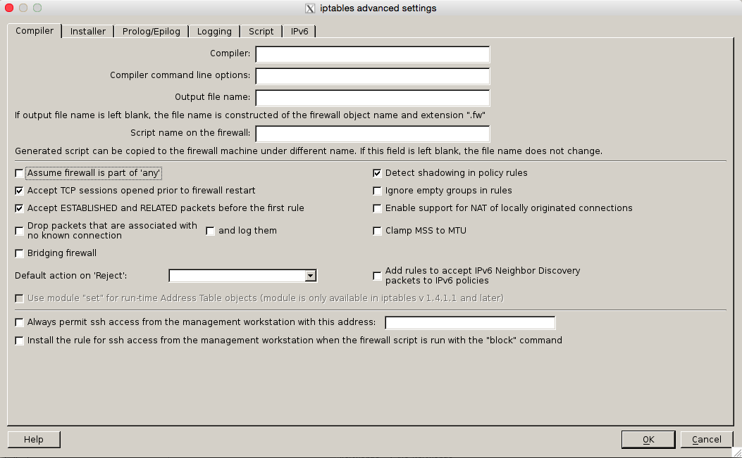 9. Açılan iptables advanced settings ekranının Compiler sekmesinde Assume