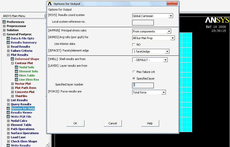 4.13. Sonuçların Görüntülenmesi için Ayarların Yapılması ANSYS MAİN MENU/ GENERAL POSTPROC/ OPTİONS FOR OUTPUT Analizin sonucunda çözümlerin her tabaka için ayrı görüntülenmesini istediğimizden bu