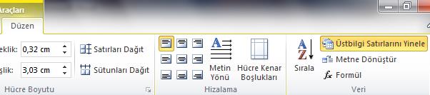 tıklayın Üst bilgi satırlarını yenile yi seçin Tabloda verileri (rakamları) toplama: İmlecinizi