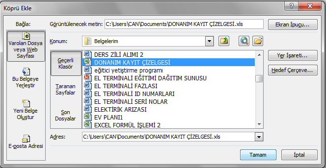 Bir Word belgesini açın Adınızı Soyadınızı yazın ve yazınızı tarayın Ekle menüsüne tıklayın Köprü sekmesini seçin veya sağ tuş yapıp köprüyü seçin Adres