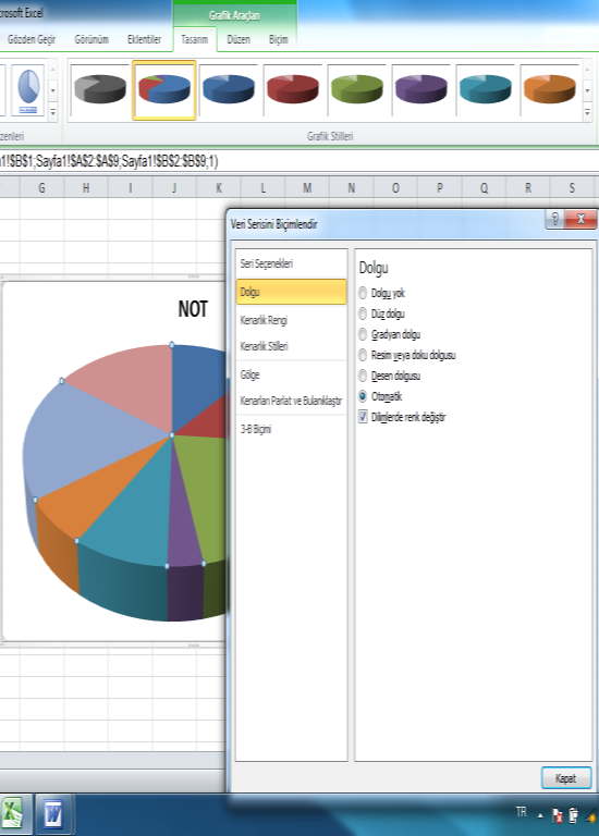 Pasta Dilimi grafiği çizme işlemleri : AD NOT ALİ 99 MERT 95 TUNÇ 82 KEMAL 80 SELİM 71 ZEKİ 68 CAN 93 VELİ 87 SEDAT 78 MUSA 90 1.Grafik oluşturacağınız verinizi tarayın 2. Ekle Menüsüne tıklayın 3.