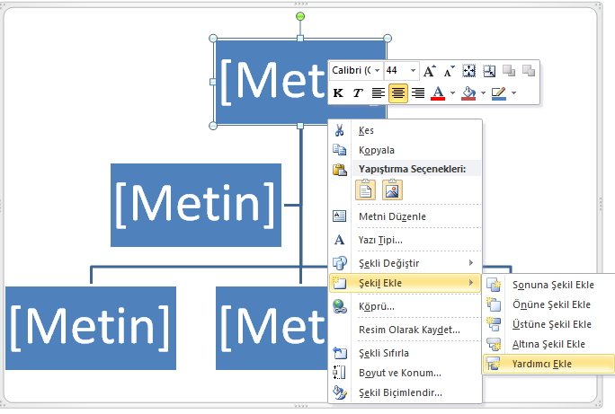 Slayt a Kuruluş Şeması Ekleme: Ekle Menüsüne tıklayın SmartArt SmartArt Grafiğinden Hiyerarşiyi seçin Hiyerarşiden Kuruluş Şemasını seçin Metin kutularına dilediğiniz isimleri yazın Şekil eklemek