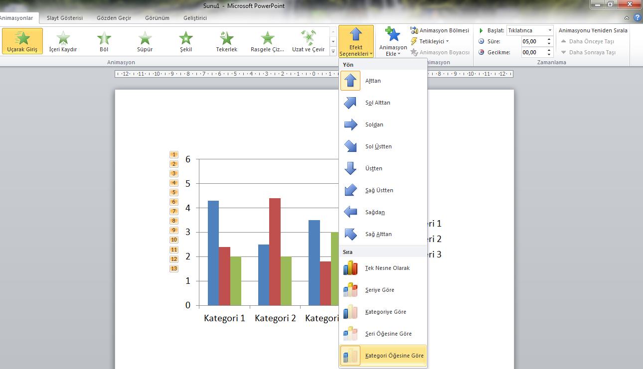 Sütun Grafiğinde sütunları ekrana tek tek getirme: Animasyonlar menüsünden uçarak giriş