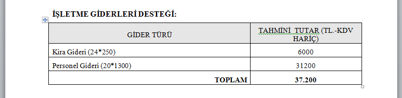 7.3 İşletme Giderleri Desteği: ÖRNEK Tabloda, KOSGEB den Kira Gideri ve Personel Gideri olmak üzere talep edilecek olan gider kalemleri, KDV ve sigorta hariç olarak yer almalıdır.