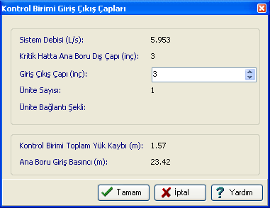 7.1. Kontrol Birimi Elemanları Giriş-Çıkış Çapları Aynı Anda Su Verilecek Đşletme Birimi Sayısı ve Manifold Debisine bağlı olarak Sistem Debisi bu bölümde hesaplanır.