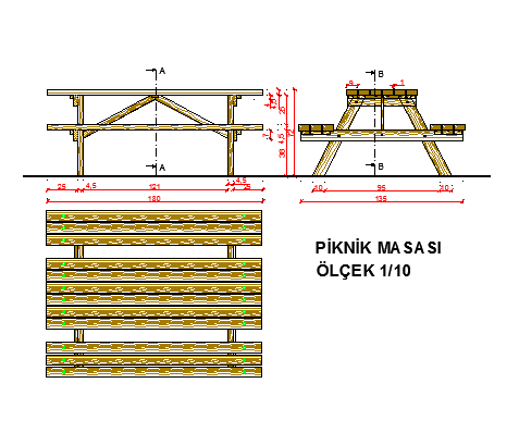 Çizim 1.1: Piknik masası net resmi 1.2.2. Bahçe Masası Bahçe masaları daha çok bahçe, teras ve balkonlarda kullanılan mobilyalardır. Dikdörtgen, kare, dairesel ya da çokgen yapılı olarak üretilebilir.