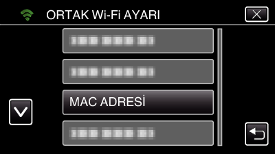 Wi-Fi Kullanımı (GC-PX100) Bu Kameranın MAC Adresinin Kontrolü Bu kameranın MAC adresini görüntüler 1 MENU üzerine dokunun 0 Seçilen erişim noktasını kullanmak için KULLAN üzerine dokunun 0 Kayıtlı