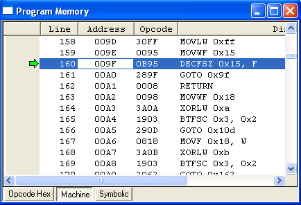 Şekil 3.9: MPLAB program kodları File registers: Bununla veri hafızasının durumu çalışma zamanında izlenebilir. Kırmızı renkli hücreler en son işlem gören hücrelerdir. Şekil 3.