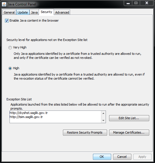 Java kontrol paneli Security sekmesinde Exception Site List bölmesine tıklıyoruz.
