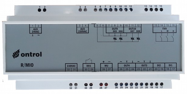 Temel oda kontrolü için giri ş/çık ış modülü (R/MIO) 24Vac çıkış saha ekipmanları için (Tercihe bağlı) Ana besleme çıkışı Sigortalı, aktuatörler için 4 Triyak çıkış PWM, yüzer, on/off 24 Vac / 110Vac