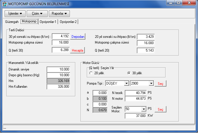 Q tefi Seçim Yılı Pompa Tipi N motor Seçilen motor Motor gücü hesabının hangi yıla göre yapılacağının seçimi yapılır. (20 yıl veya 30 yıl) Dinamik seviye değerine göre otomatik olarak seçilir.