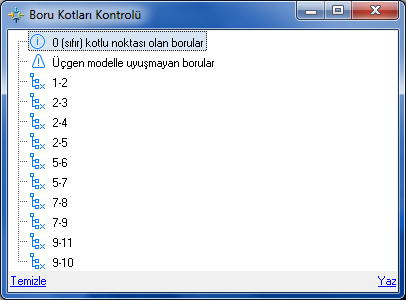 Boru Kotları Kontrolü Boru Kotları Kontrolü Burada tüm projede kotu 0 (sıfır) olan noktaları ve boru hatlarının kırık