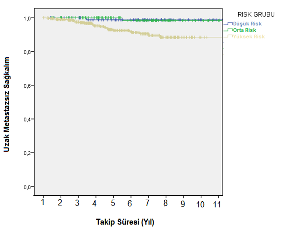 Şekil 4.22 Risk Gruplarına Göre Uzak Metastazsız Sağkalım 4.2.23 T Evresine Göre Uzak Metastazsız Sağkalım En kötü sonuçlar T3b olan hastalarda bulunmuştur. Tablo 4.