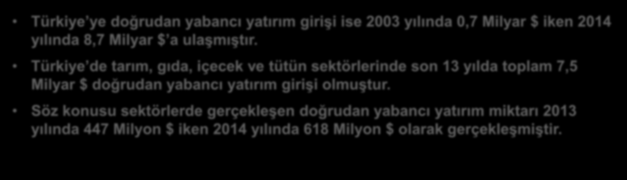 Kaynak: Ekonomi Bakanlığı Türkiye ye doğrudan yabancı yatırım girişi ise 2003 yılında 0,7 Milyar $ iken 2014 yılında 8,7 Milyar $ a ulaşmıştır.