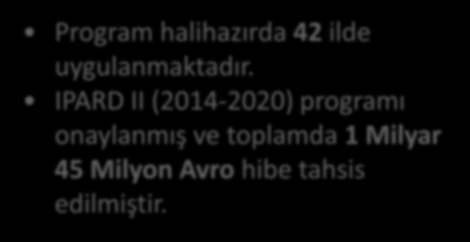 IPARD II (2014-2020) programı onaylanmış ve toplamda 1 Milyar 45 Milyon Avro hibe tahsis edilmiştir.