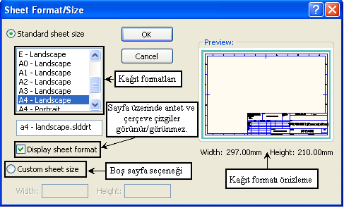 Şekil 1.16: Drawing belgesi için sayfa formatı seçimi d- Sheet Format/Size penceresinden sayfa boyutları ve ayrıca hazırda bulunan antetli sayfa formatları seçimi yapılır.