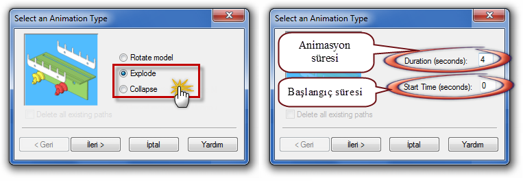 2.4.6.1.2. Explode (Patlatma) ve Collapse (Birleştirme) Sihirbazları Şekil 2.48: Explode ve Collapse Sihirbaz pencereleri Explode ve Collapse aynı parametrelere sahip, iki farklı komuttur.