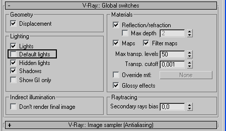 V- ray render parametreleri Global switches altındaki default lights ı devre dışı bırakalım böylece default light pasif konuma geçecektir.