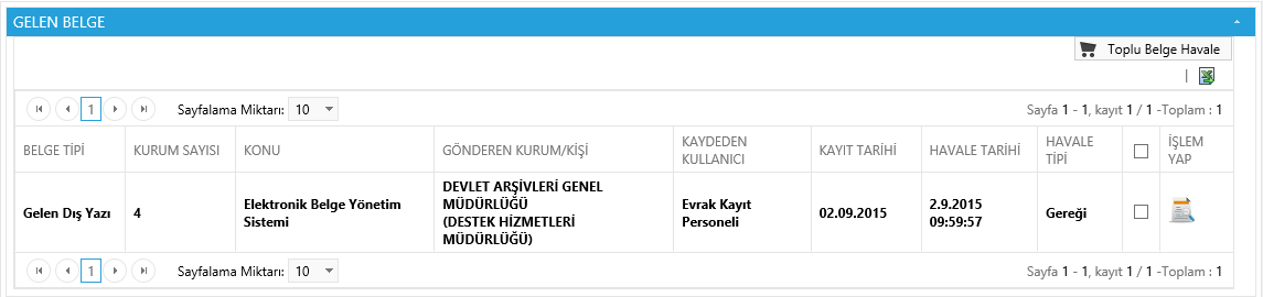 Toplu Belge Dosyala: Birden fazla belge seçilip dosyalama işleminin yapıldığı alandır. Kişisel Belge Klasörü seçiniz butonu ile dosyalama yapılacak klasör seçimi yapılır.